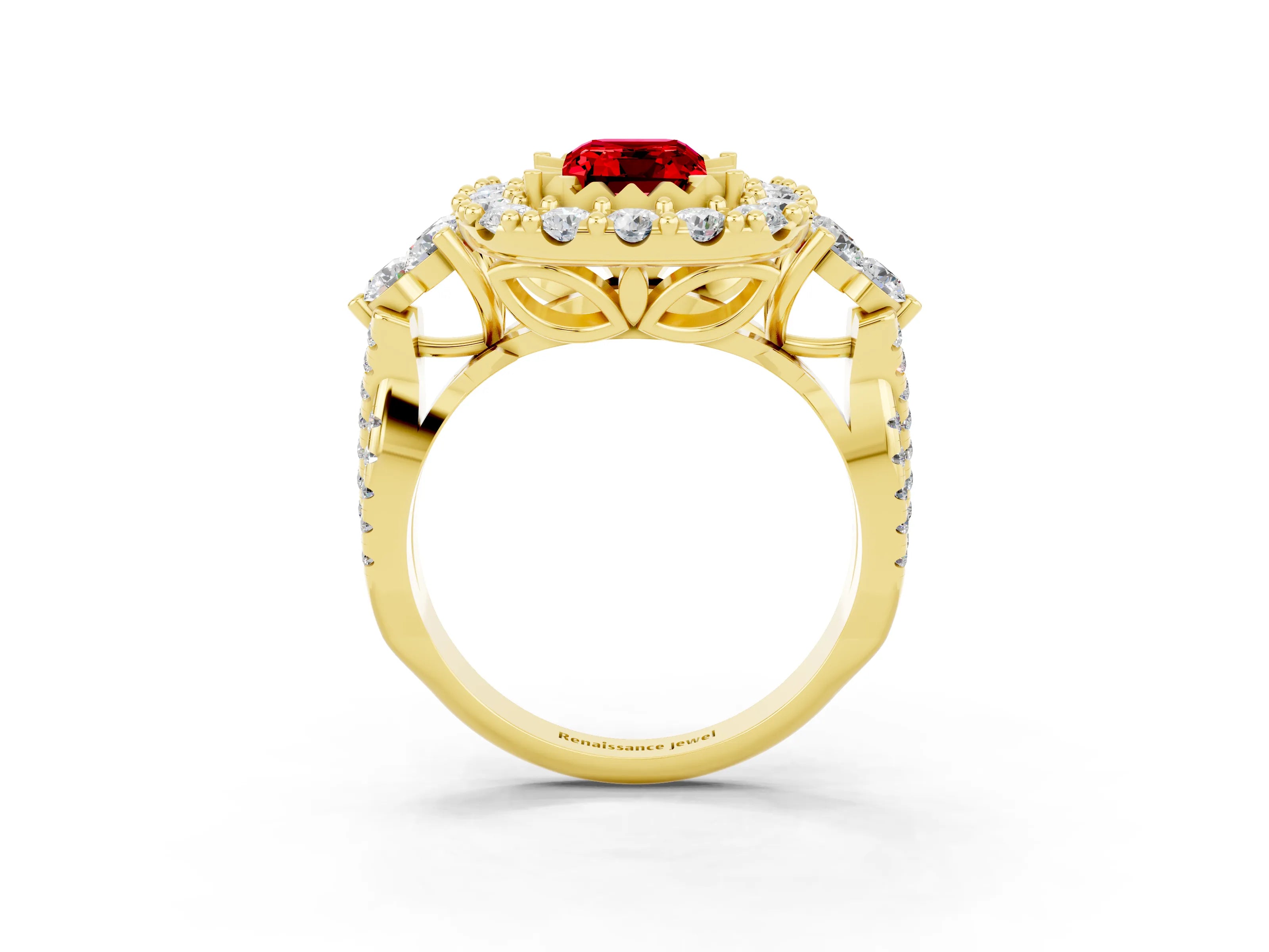 Yellow gold Emerald Cut Ruby Halo Ring with Pavé Band and Four-Prong Setting_26