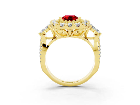 Yellow gold Emerald Cut Ruby Halo Ring with Pavé Band and Four-Prong Setting_26