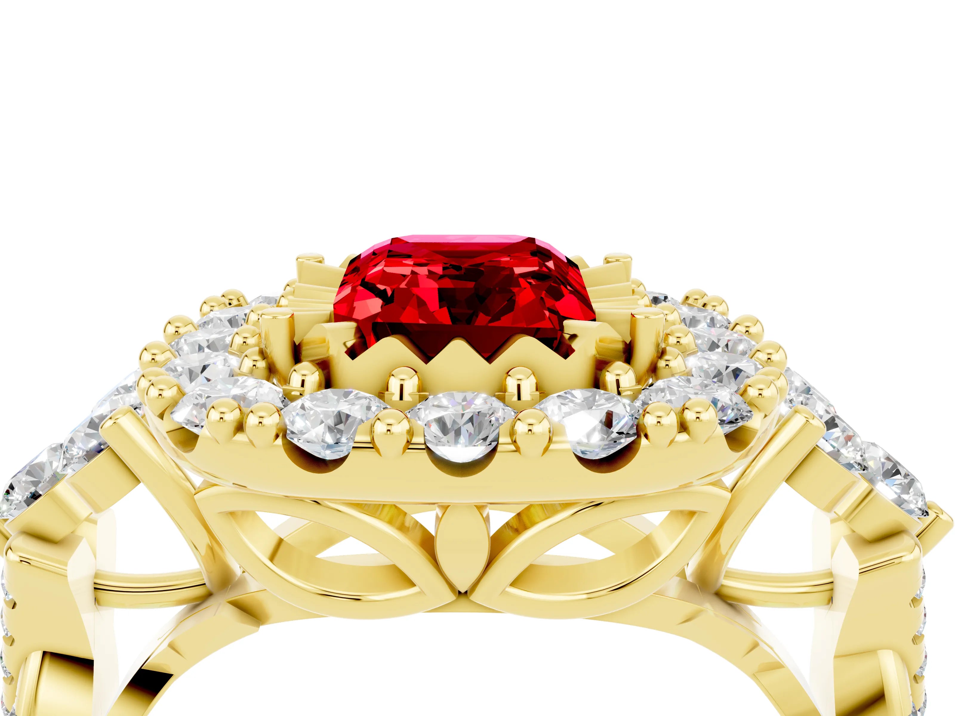 Yellow gold Emerald Cut Ruby Halo Ring with Pavé Band and Four-Prong Setting_27