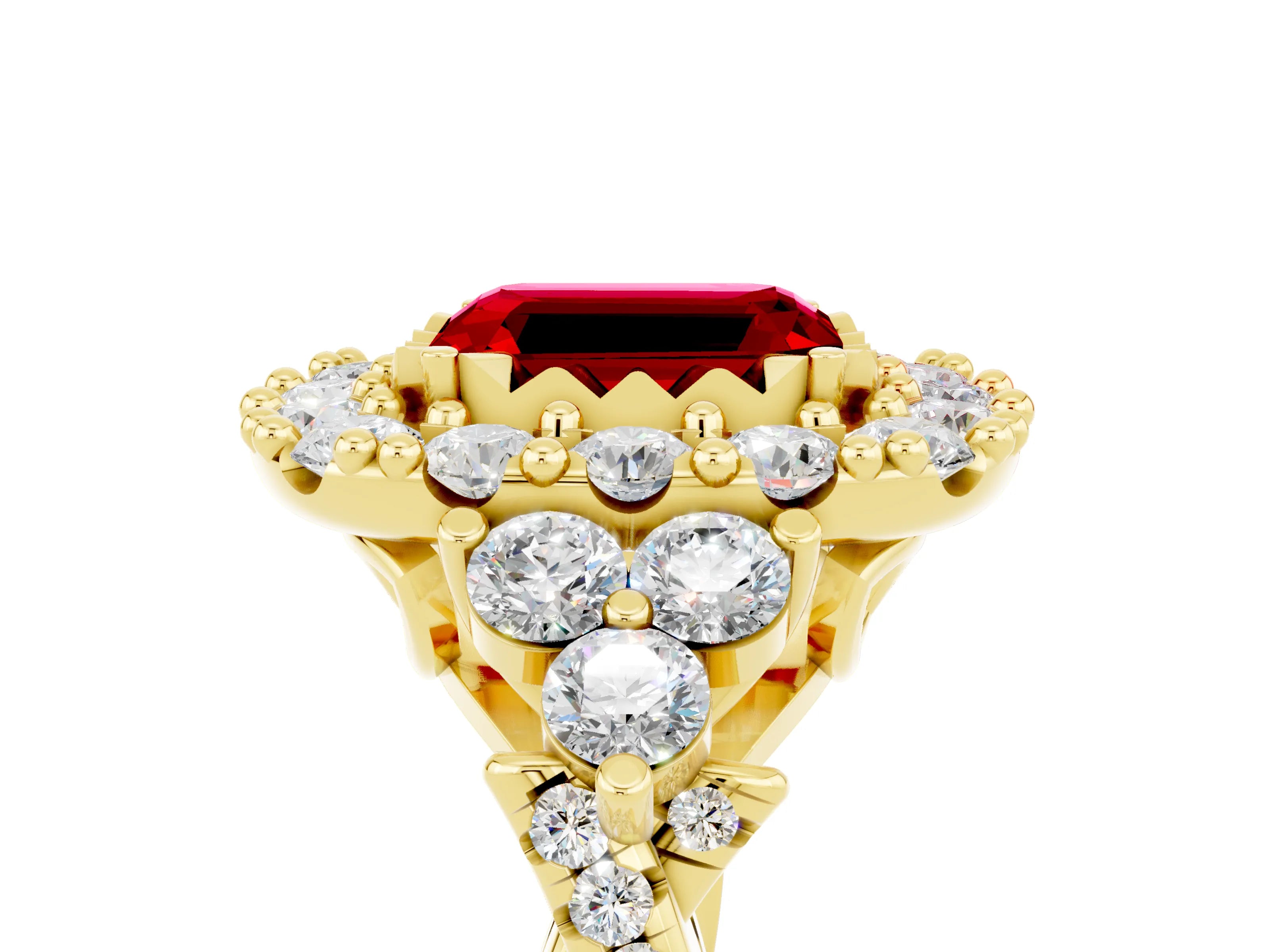 Yellow gold Emerald Cut Ruby Halo Ring with Pavé Band and Four-Prong Setting_28