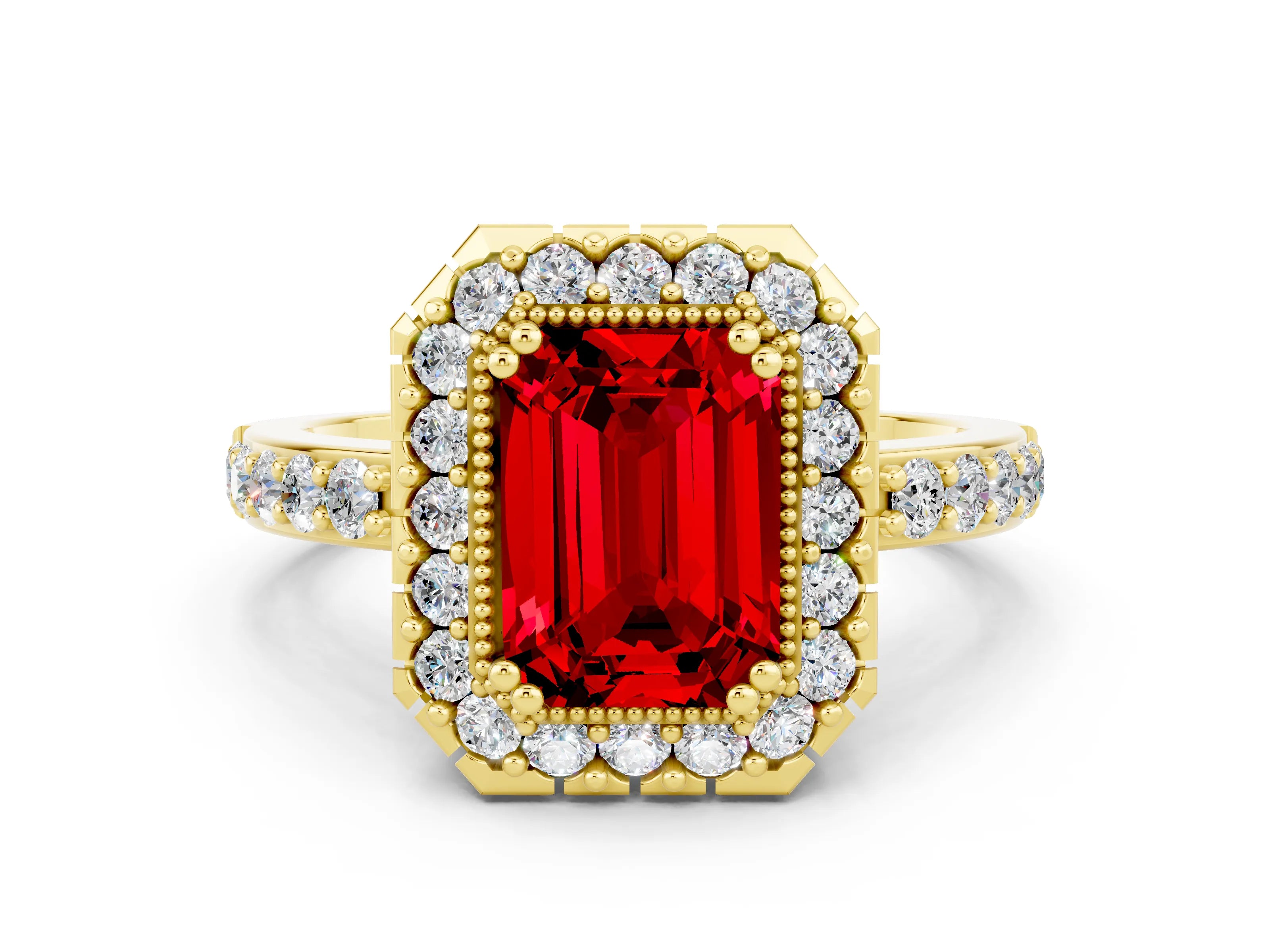 Yellow gold Emerald Cut Ruby Halo Ring with Pavé Band and Prong Setting