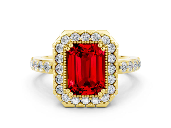 Yellow gold Emerald Cut Ruby Halo Ring with Pavé Band and Prong Setting