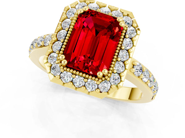 Yellow gold Emerald Cut Ruby Halo Ring with Pavé Band and Prong Setting