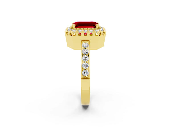 Yellow gold Emerald Cut Ruby Halo Ring with Pavé Band and Prong Setting