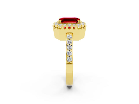Yellow gold Emerald Cut Ruby Halo Ring with Pavé Band and Prong Setting_2