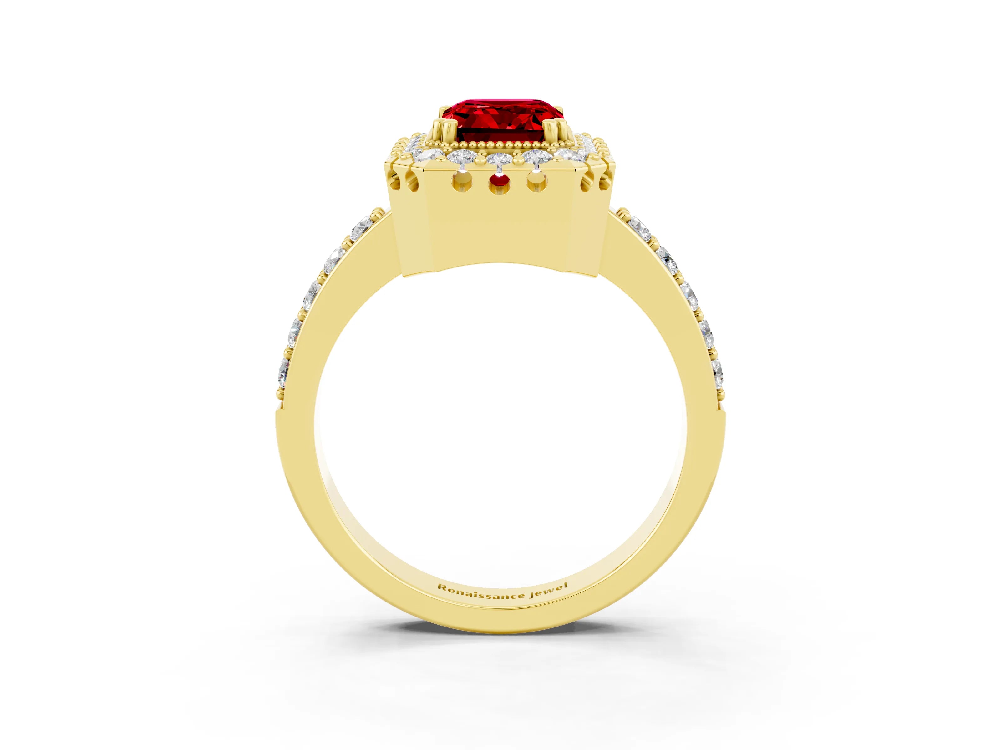 Yellow gold Emerald Cut Ruby Halo Ring with Pavé Band and Prong Setting_3