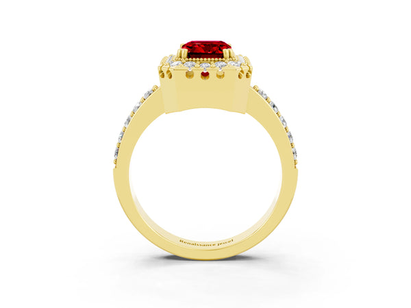 Yellow gold Emerald Cut Ruby Halo Ring with Pavé Band and Prong Setting