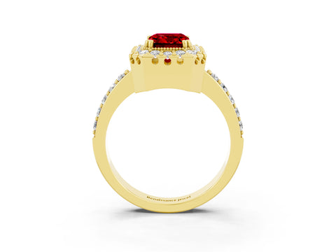 Yellow gold Emerald Cut Ruby Halo Ring with Pavé Band and Prong Setting_3