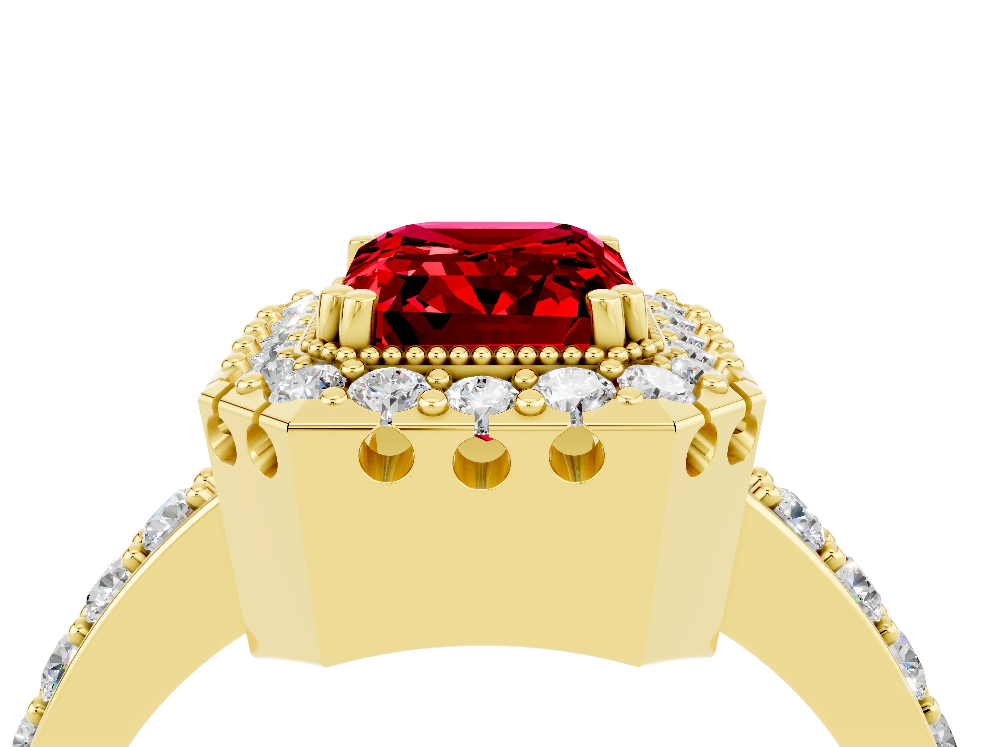 Yellow gold Emerald Cut Ruby Halo Ring with Pavé Band and Prong Setting_4