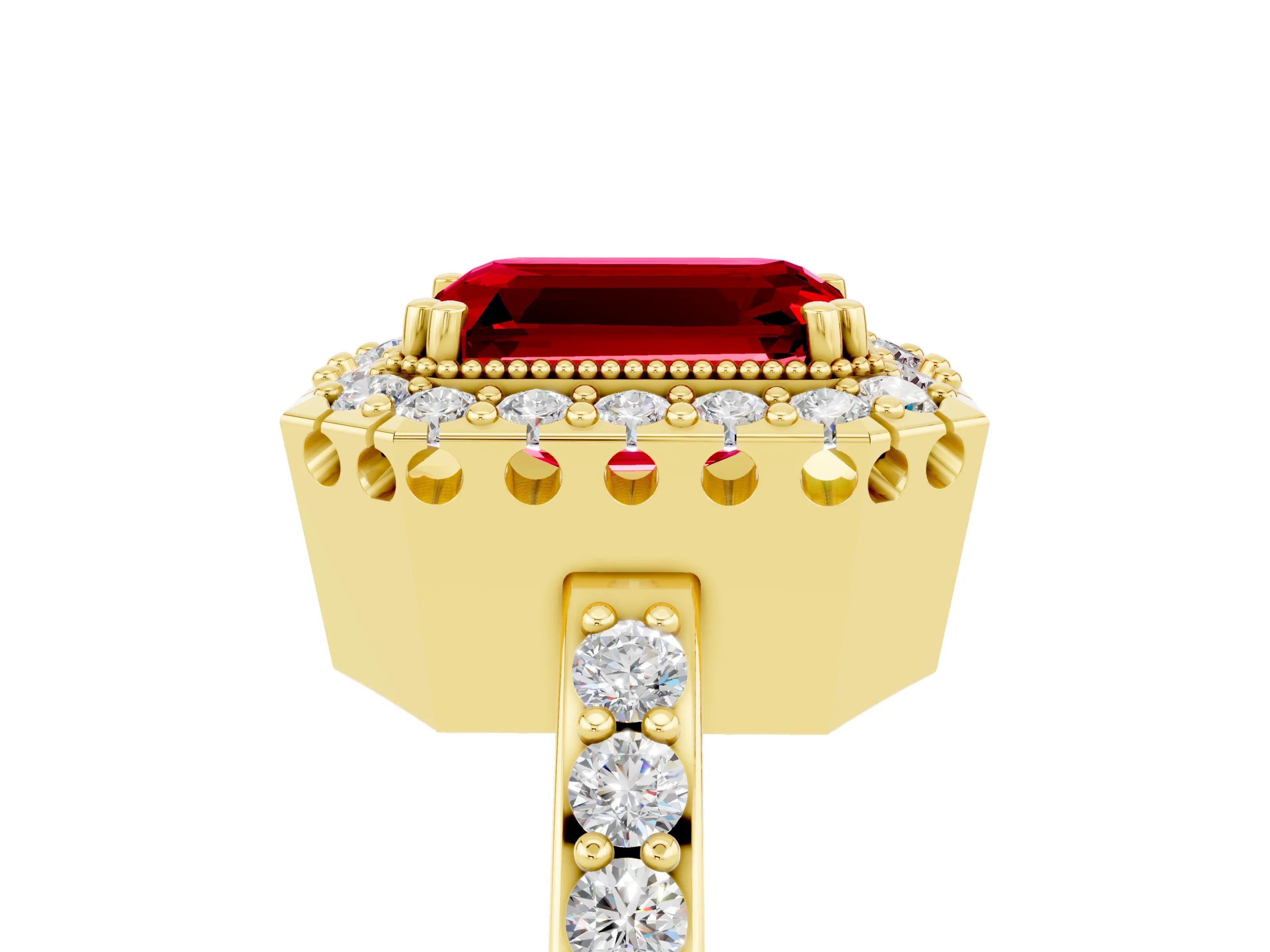 Yellow gold Emerald Cut Ruby Halo Ring with Pavé Band and Prong Setting_5