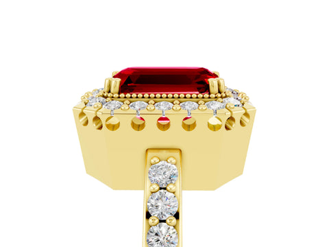 Yellow gold Emerald Cut Ruby Halo Ring with Pavé Band and Prong Setting_5
