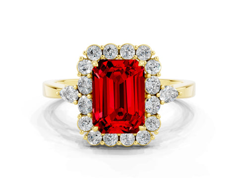 Yellow gold Emerald Cut Ruby Halo Ring with Pear Side Stones and Prong Setting_12