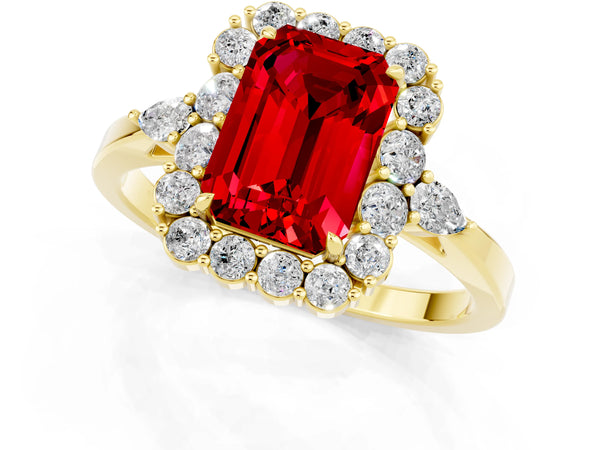 Yellow gold Emerald Cut Ruby Halo Ring with Pear Side Stones and Prong Setting