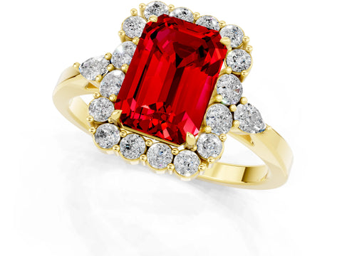 Yellow gold Emerald Cut Ruby Halo Ring with Pear Side Stones and Prong Setting_13