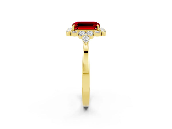 Yellow gold Emerald Cut Ruby Halo Ring with Pear Side Stones and Prong Setting
