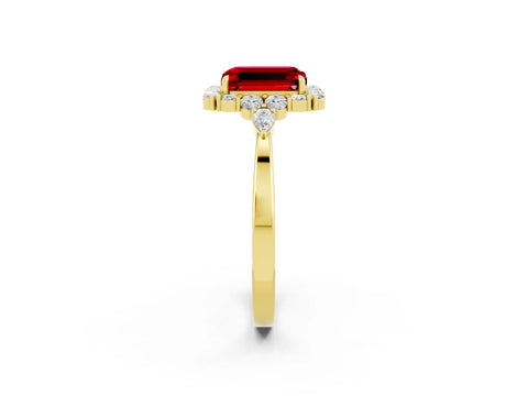 Yellow gold Emerald Cut Ruby Halo Ring with Pear Side Stones and Prong Setting_14