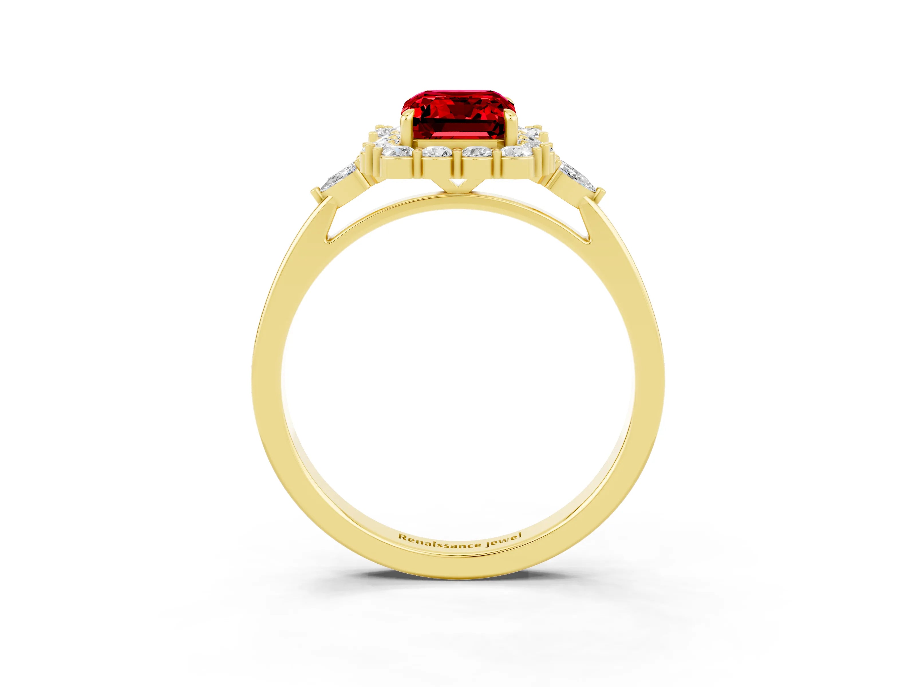 Yellow gold Emerald Cut Ruby Halo Ring with Pear Side Stones and Prong Setting_15
