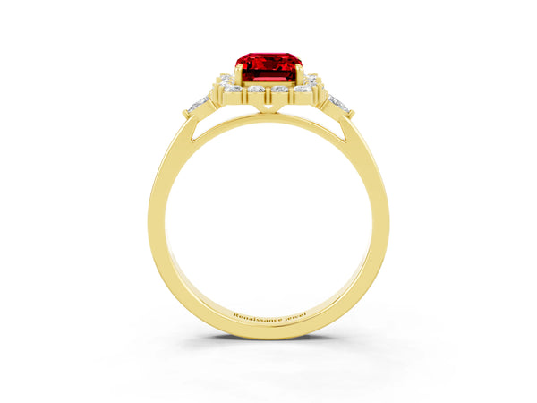 Yellow gold Emerald Cut Ruby Halo Ring with Pear Side Stones and Prong Setting