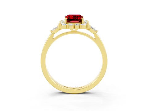 Yellow gold Emerald Cut Ruby Halo Ring with Pear Side Stones and Prong Setting_15