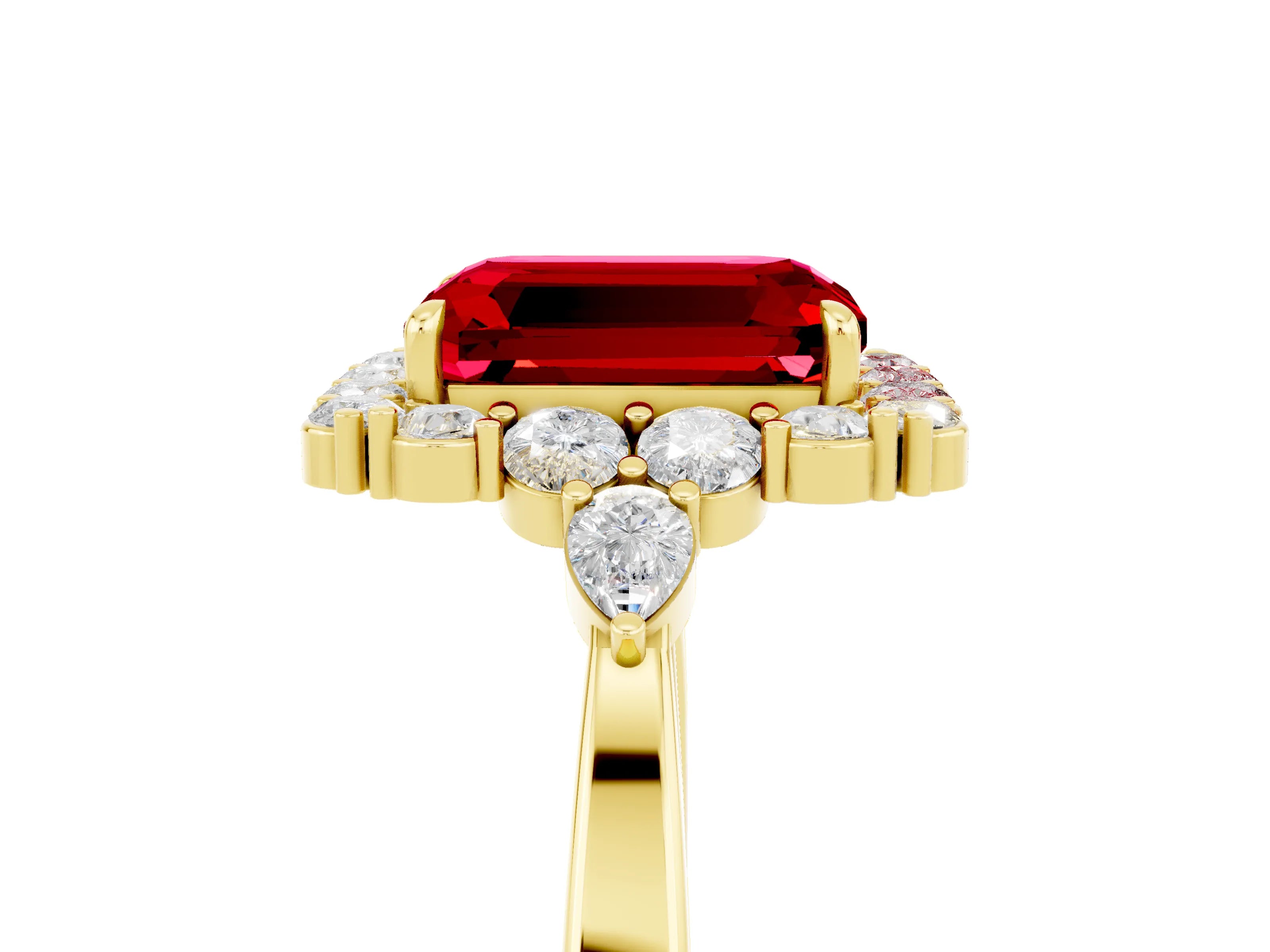 Yellow gold Emerald Cut Ruby Halo Ring with Pear Side Stones and Prong Setting_17