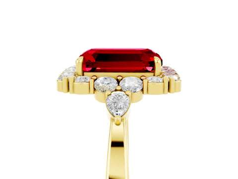Yellow gold Emerald Cut Ruby Halo Ring with Pear Side Stones and Prong Setting_17