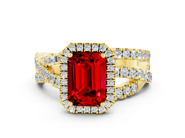 Yellow gold Emerald Cut Ruby Halo Ring with Round Split Shank and Prong Setting
