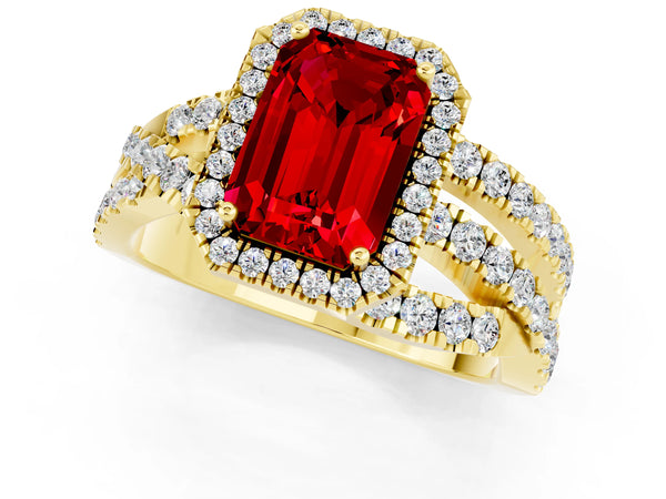 Yellow gold Emerald Cut Ruby Halo Ring with Round Split Shank and Prong Setting