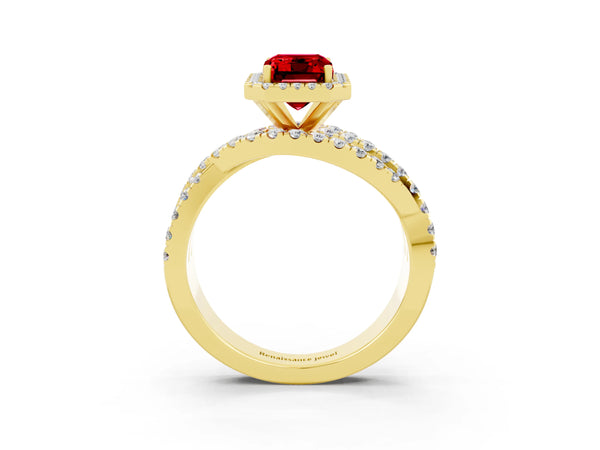 Yellow gold Emerald Cut Ruby Halo Ring with Round Split Shank and Prong Setting