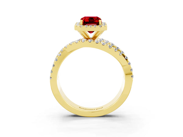 Yellow gold Emerald Cut Ruby Halo Ring with Round Split Shank and Prong Setting