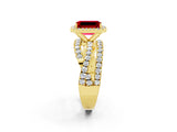 Yellow gold Emerald Cut Ruby Halo Ring with Round Split Shank and Prong Setting_50