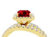 Yellow gold Emerald Cut Ruby Halo Ring with Round Split Shank and Prong Setting_52