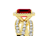 Yellow gold Emerald Cut Ruby Halo Ring with Round Split Shank and Prong Setting_53