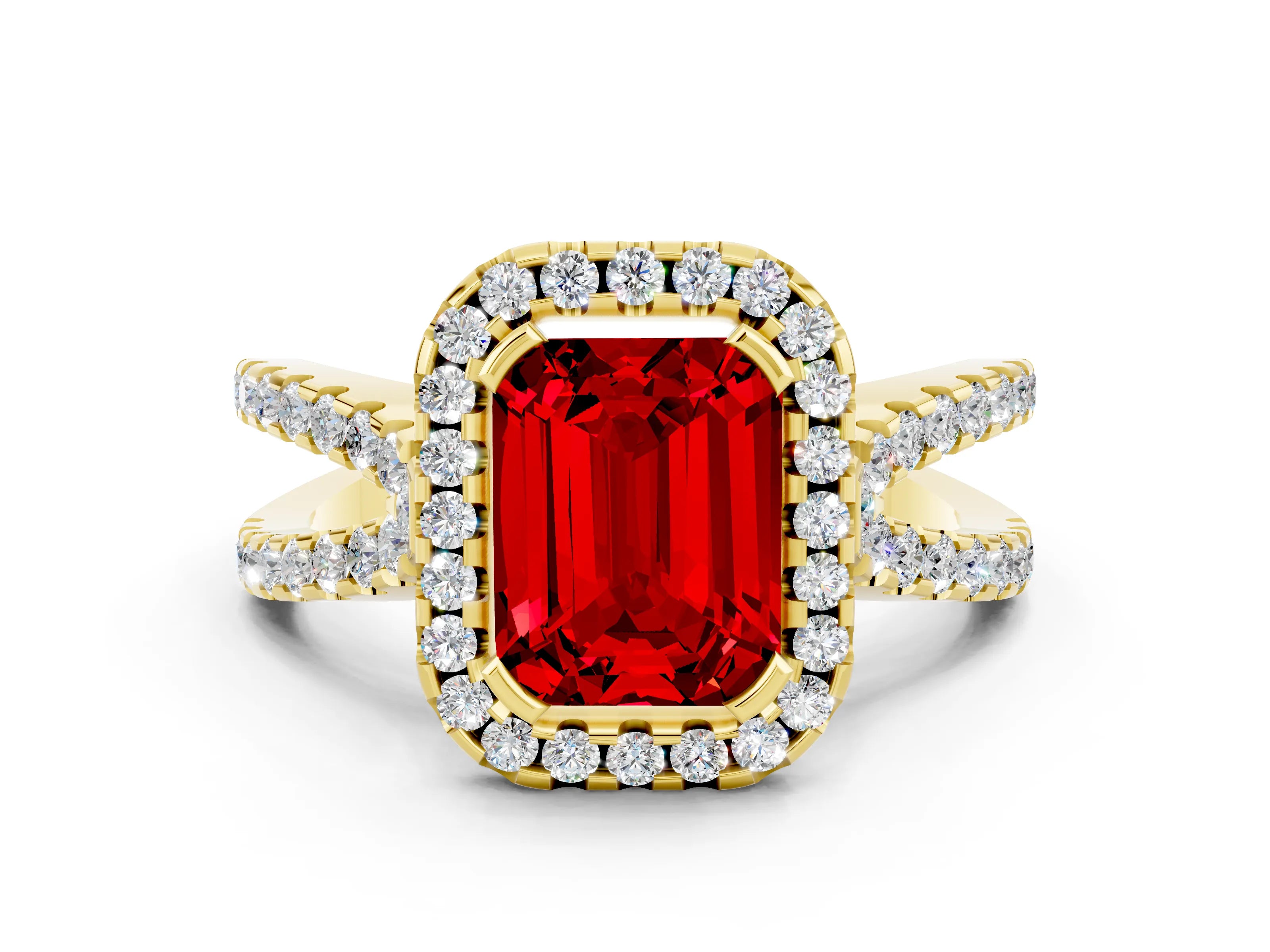 Yellow gold Emerald Cut Ruby Halo Ring with Split Shank Pavé Band and Prong Setting