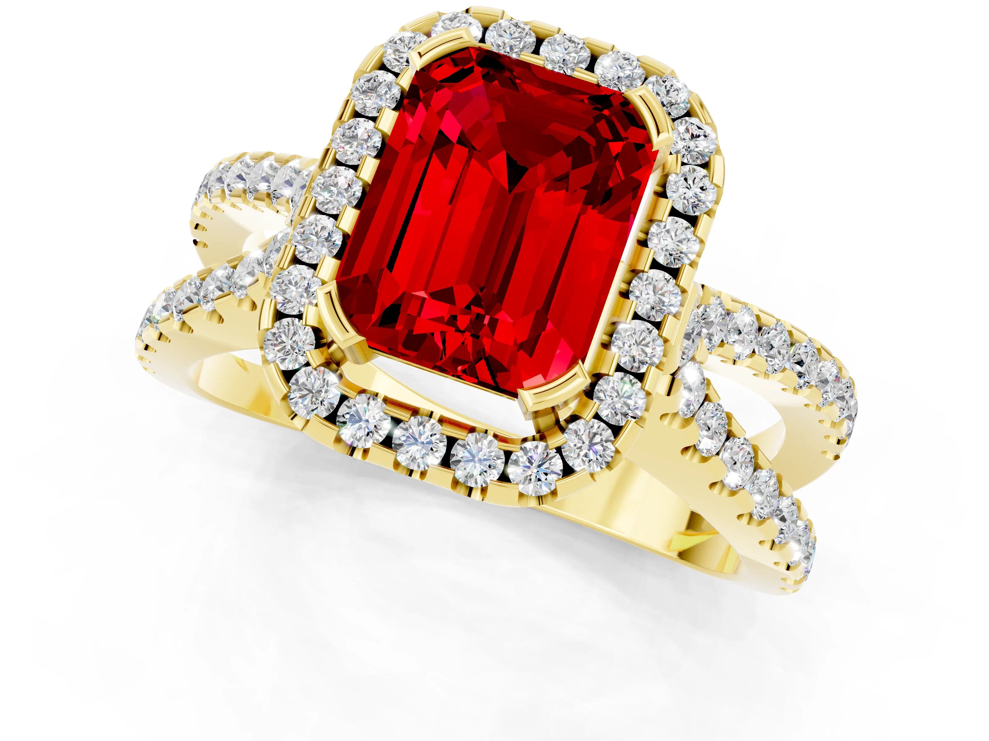 Yellow gold Emerald Cut Ruby Halo Ring with Split Shank Pavé Band and Prong Setting_1