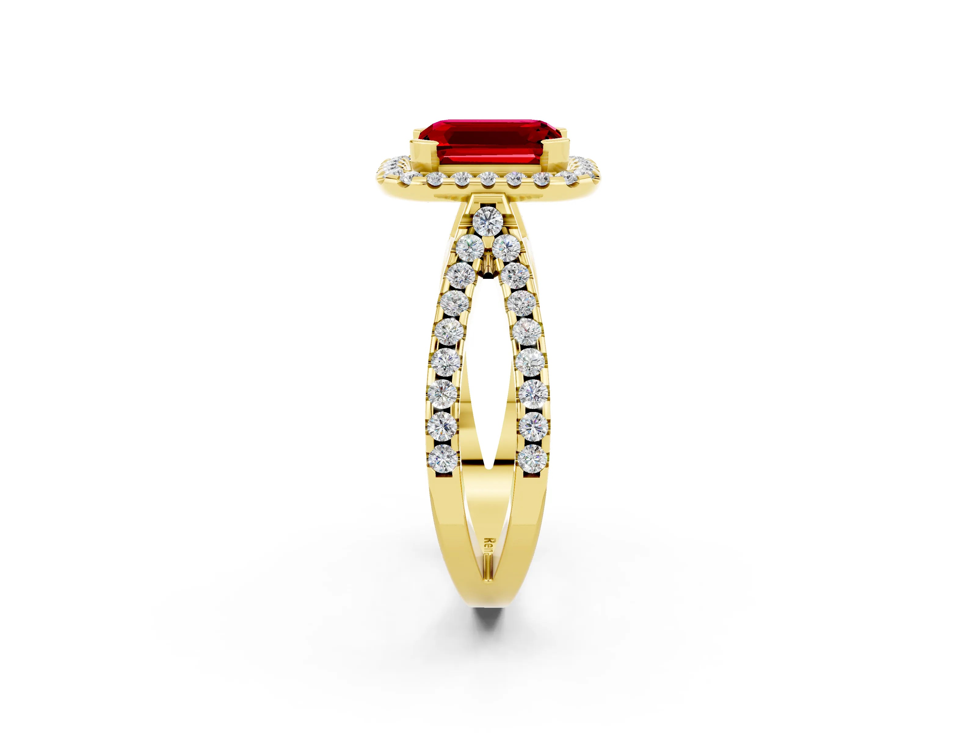 Yellow gold Emerald Cut Ruby Halo Ring with Split Shank Pavé Band and Prong Setting_2