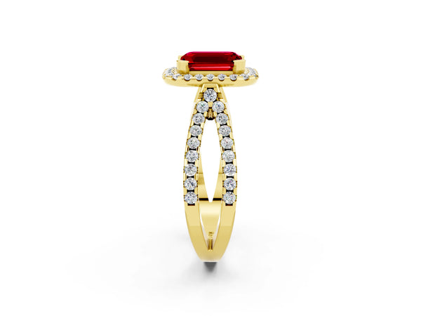 Yellow gold Emerald Cut Ruby Halo Ring with Split Shank Pavé Band and Prong Setting
