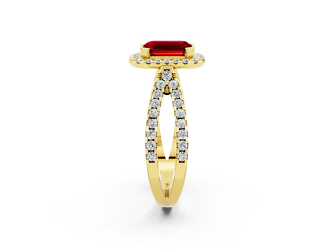 Yellow gold Emerald Cut Ruby Halo Ring with Split Shank Pavé Band and Prong Setting_2
