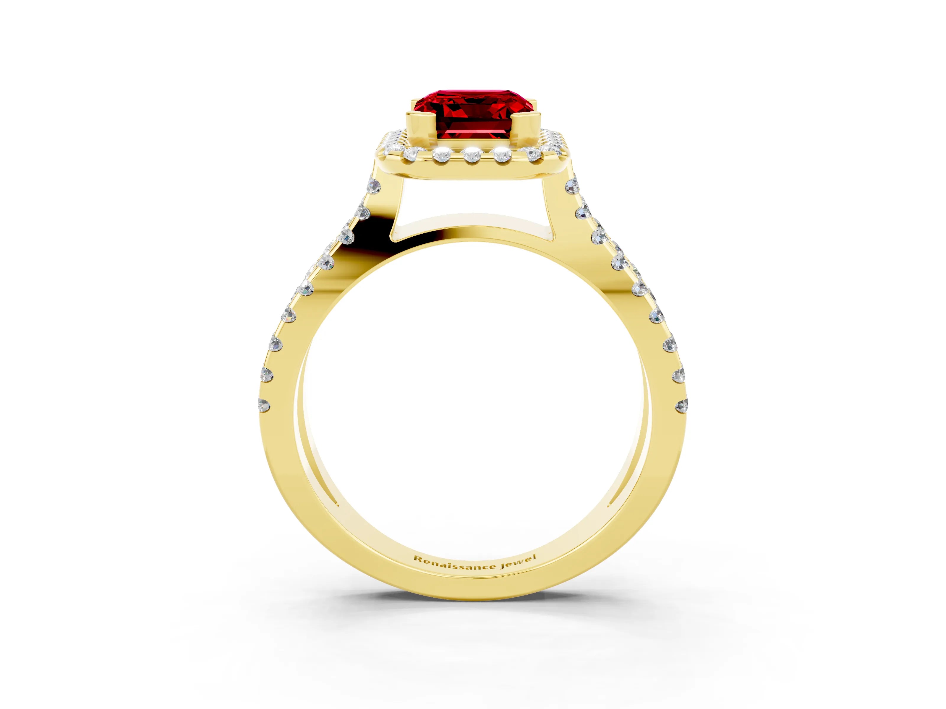 Yellow gold Emerald Cut Ruby Halo Ring with Split Shank Pavé Band and Prong Setting_3