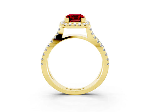 Yellow gold Emerald Cut Ruby Halo Ring with Split Shank Pavé Band and Prong Setting_3