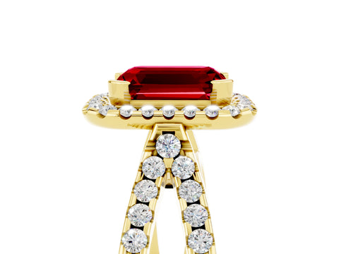 Yellow gold Emerald Cut Ruby Halo Ring with Split Shank Pavé Band and Prong Setting_5