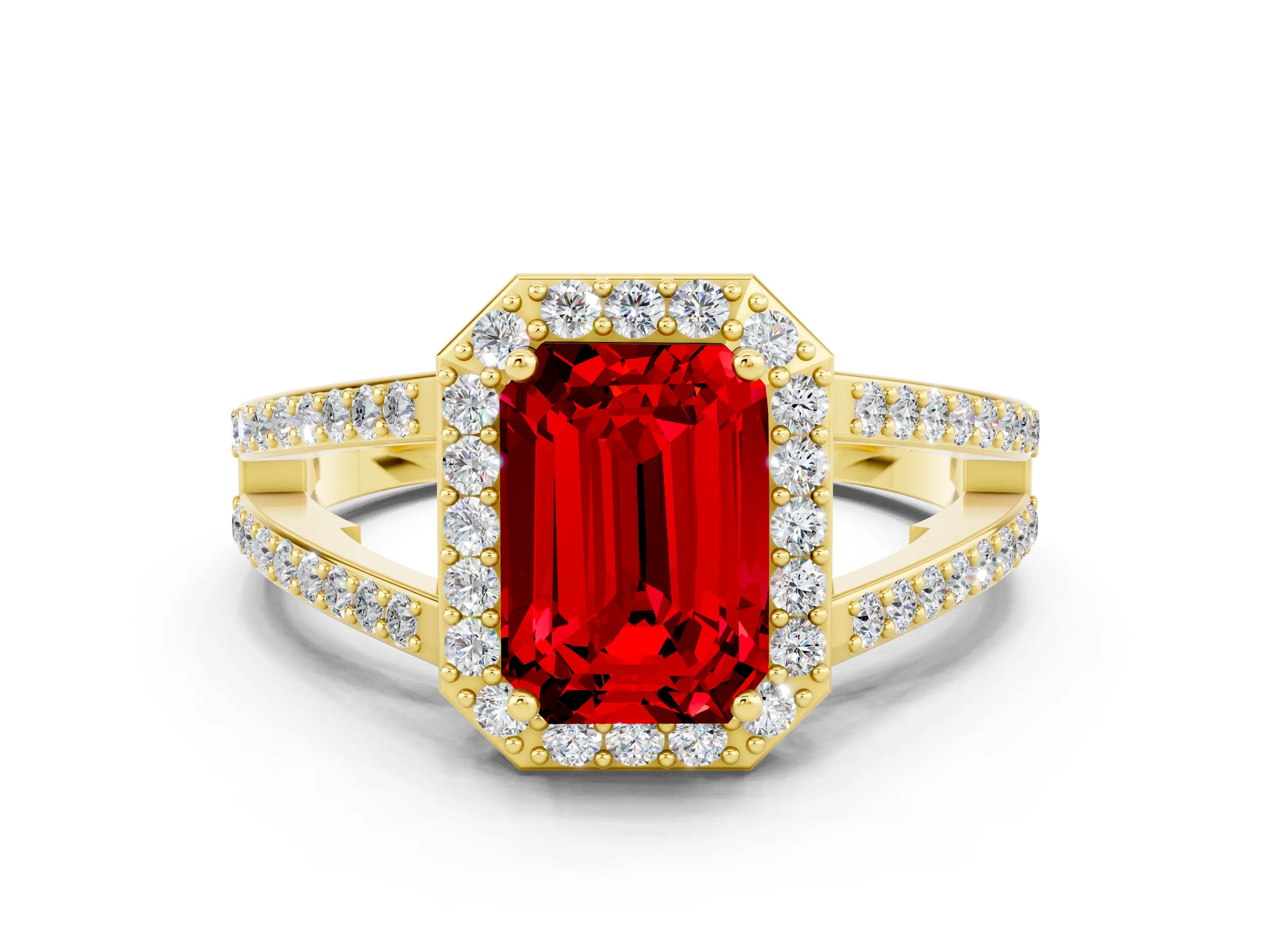 Yellow gold Emerald Cut Ruby Halo Ring with Split Shank U-Prong Band and Four-Prong Setting