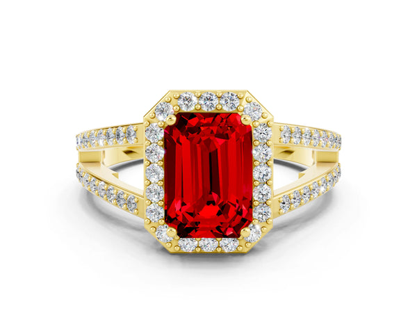 Yellow gold Emerald Cut Ruby Halo Ring with Split Shank U-Prong Band and Four-Prong Setting