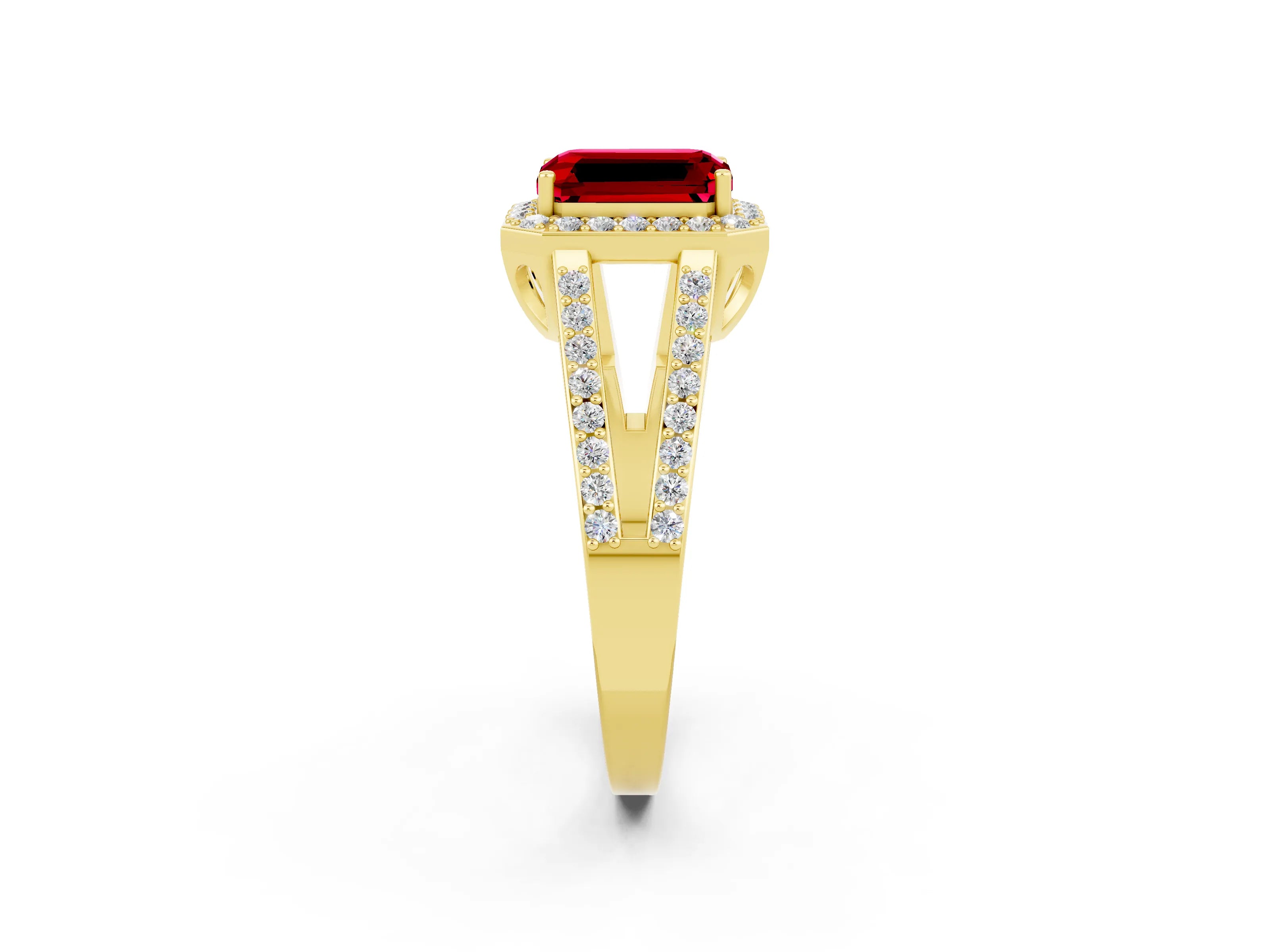 Yellow gold Emerald Cut Ruby Halo Ring with Split Shank U-Prong Band and Four-Prong Setting_2
