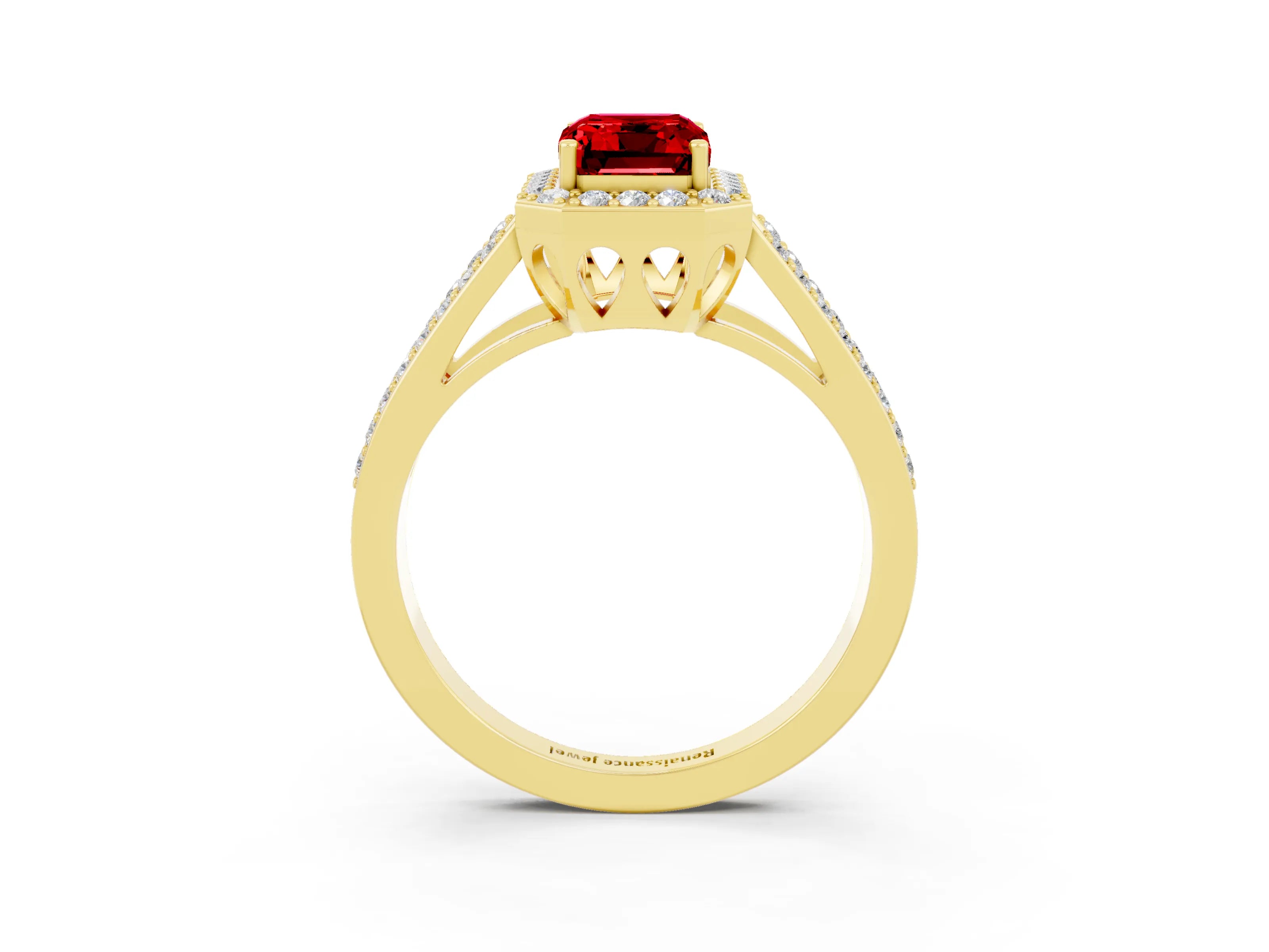 Yellow gold Emerald Cut Ruby Halo Ring with Split Shank U-Prong Band and Four-Prong Setting_3
