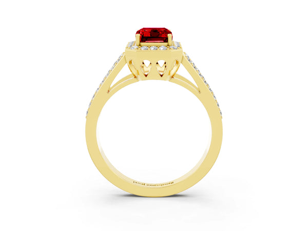 Yellow gold Emerald Cut Ruby Halo Ring with Split Shank U-Prong Band and Four-Prong Setting
