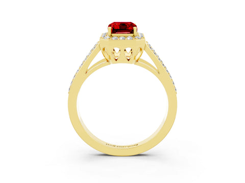 Yellow gold Emerald Cut Ruby Halo Ring with Split Shank U-Prong Band and Four-Prong Setting_3