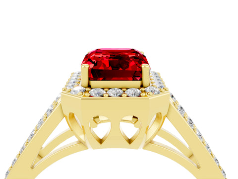 Yellow gold Emerald Cut Ruby Halo Ring with Split Shank U-Prong Band and Four-Prong Setting_4