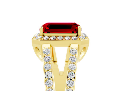 Yellow gold Emerald Cut Ruby Halo Ring with Split Shank U-Prong Band and Four-Prong Setting_5