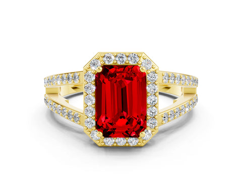 Yellow gold Emerald Cut Ruby Halo Ring with Split Shank U-Prong Band and Four-Prong Setting
