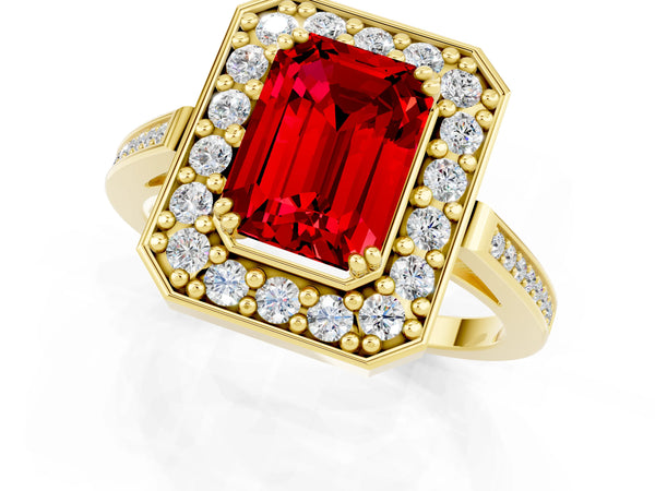 Yellow gold Emerald Cut Ruby Halo Ring with Split Shank and Four-Prong Setting